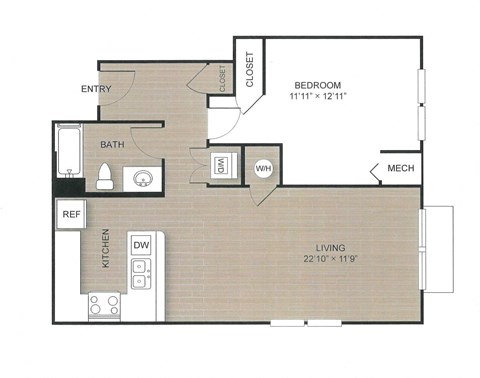 Floor plan for 1 bed, 1 bath, 851 sqft