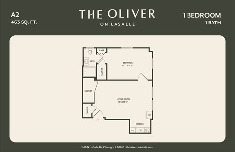 Floor plan for 1 bed, 1 bath, 463 sqft