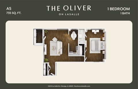 Floor plan for 1 bed, 1 bath, 735 sqft