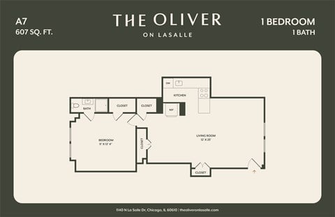 Floor plan for 1 bed, 1 bath, 607 sqft
