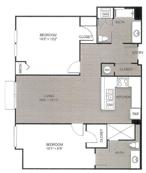 Floor plan for 2 beds, 2 baths, 1099 sqft