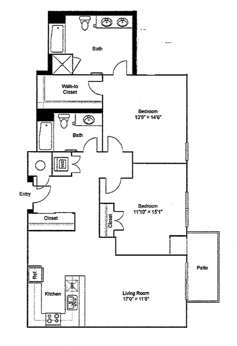 Floor plan for 2 beds, 2 baths, 1345 sqft