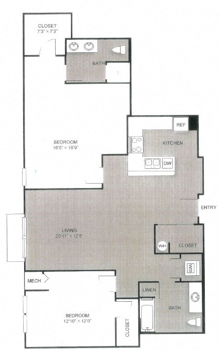 Floor plan for 2 beds, 2 baths, 1403 sqft