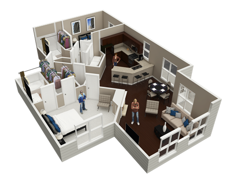 Floor plan for 2 beds, 2 baths, 1050 sqft