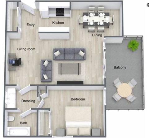 Floor plan for 1 bed, 1 bath, 728 sqft