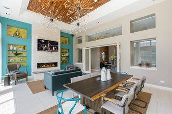 Clubhouse with fireplace, 70" tv, lounge area, and kitchen