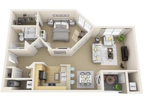 Floor plan for 1 bed, 1 bath, 902 sqft