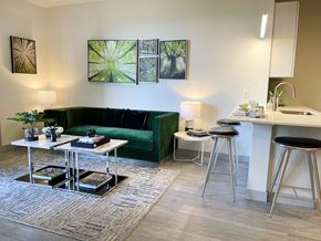 St Francis apartment for rent - a living room with a green couch and a kitchen with a bar at 42 Hundred On The Lake, St Francis, 53235