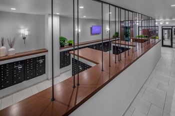 A long bar with a wooden counter top and a row of wine racks