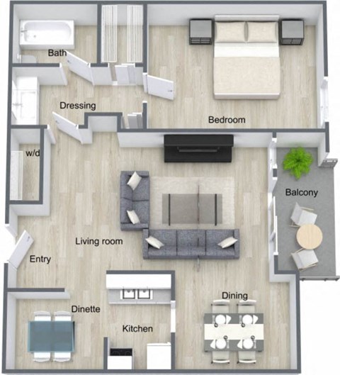 Floor plan for 1 bed, 1 bath, 800 sqft