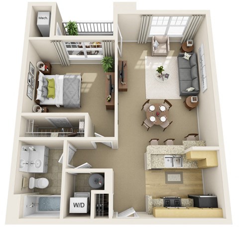 Floor plan for 1 bed, 1 bath, 765 sqft