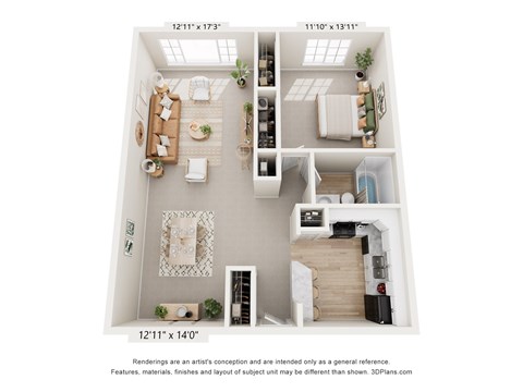 Floor plan for 1 bed, 1 bath, 1050 sqft
