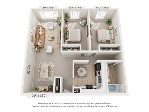 Floor plan for 2 beds, 1 bath, 1100 sqft
