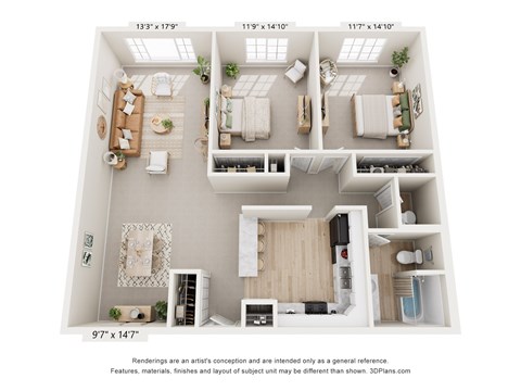 Floor plan for 2 beds, 1.5 baths, 1200 sqft