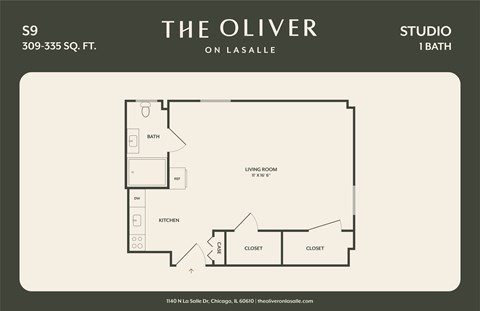 Floor plan for studio, 1 bath, 335 sqft