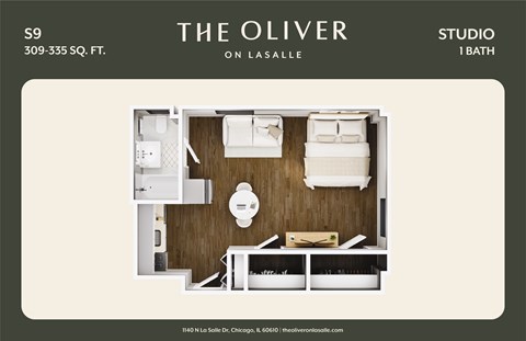 Floor plan for studio, 1 bath, 309 sqft