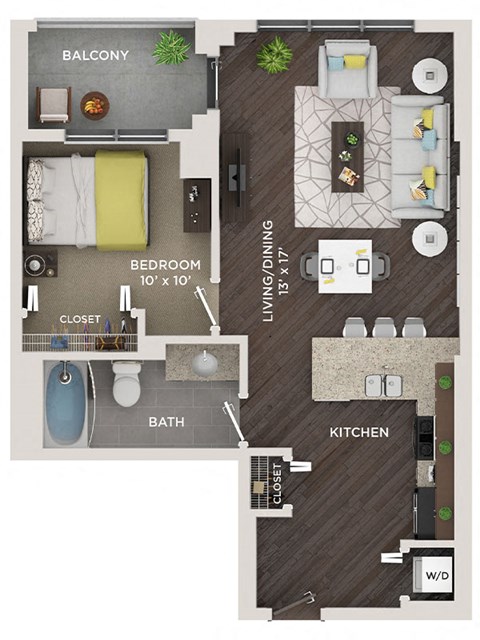 Floor plan for 1 bed, 1 bath, 655 sqft
