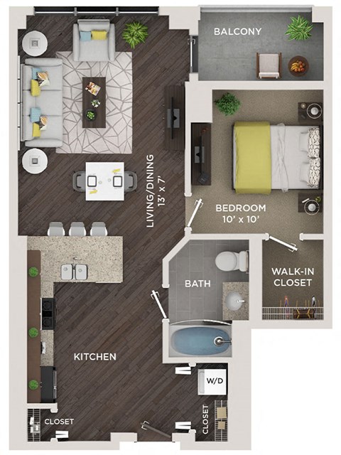 Floor plan for 1 bed, 1 bath, 730 sqft