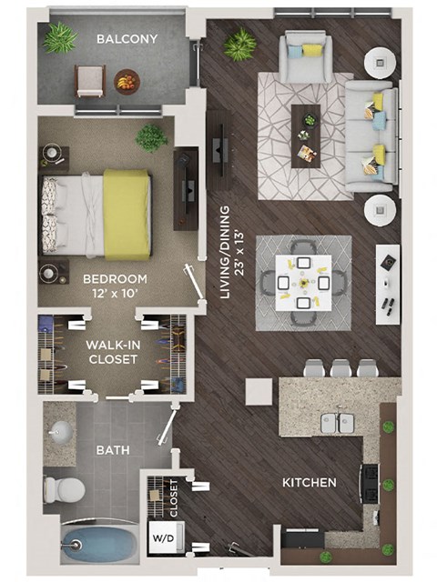 Floor plan for 1 bed, 1 bath, 800 sqft