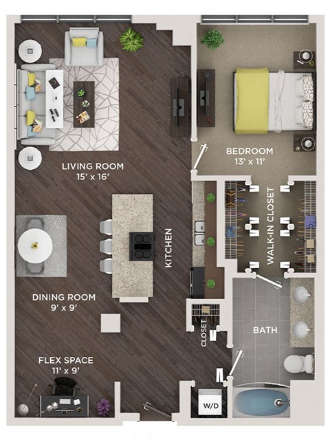 Floor plan for 1 bed, 1 bath, 1040 sqft