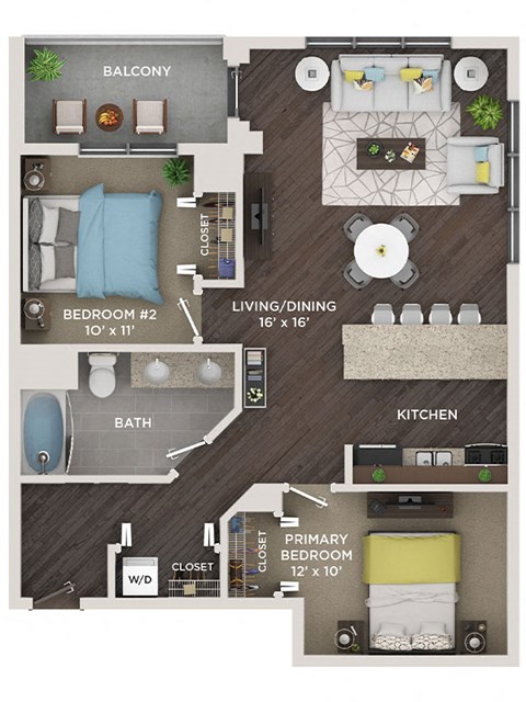 Floor plan for 2 beds, 1 bath, 970 sqft