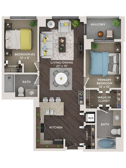 Floor plan for 2 beds, 2 baths, 1145 sqft