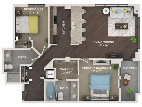 Floor plan for 2 beds, 2 baths, 1165 sqft