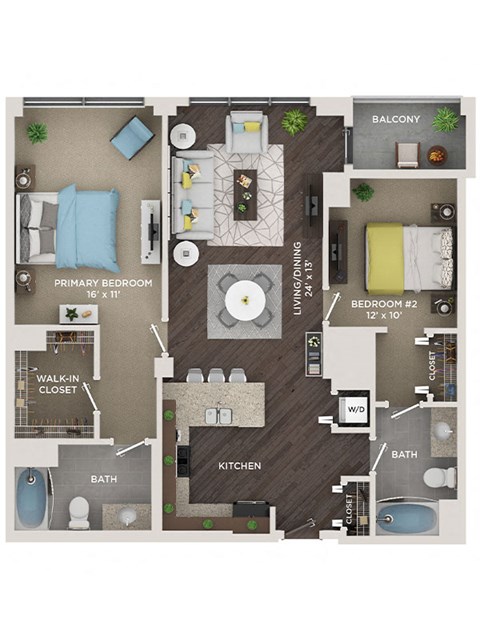 Floor plan for 2 beds, 2 baths, 1270 sqft