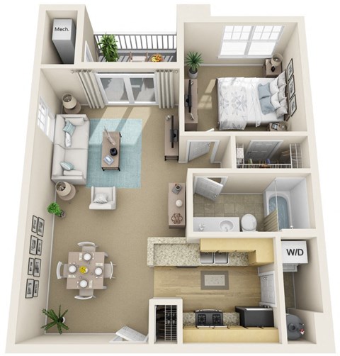 Floor plan for 1 bed, 1 bath, 700 sqft