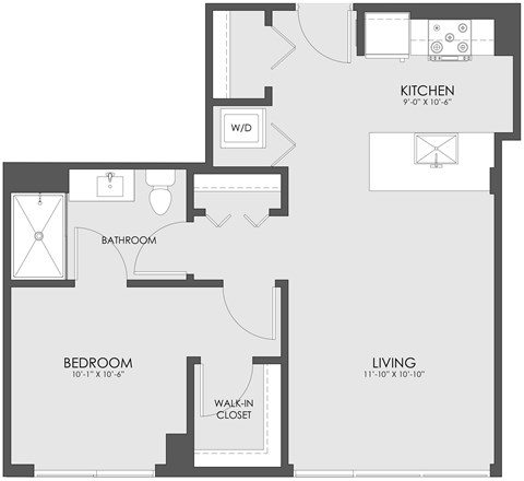 Floor plan for 1 bed, 1 bath, 699 sqft