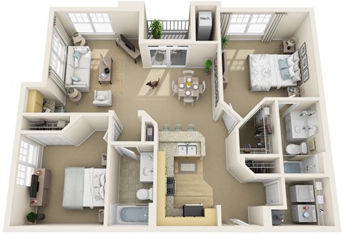Floor plan for 2 beds, 2 baths, 1091 sqft