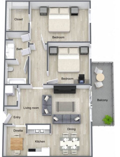 Floor plan for 2 beds, 1 bath, 948 sqft