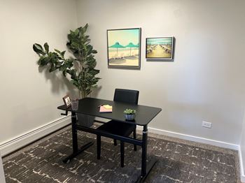 A desk in a room with a plant and pictures on the wall