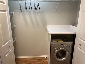 A laundry room with a european style washer/dryer combo.
