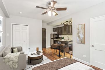 Chicago apartment for rent - A modern living room with a grey couch and a brown rug.
