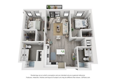 Floor plan for 2 beds, 2 baths, 1186 sqft