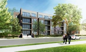 Evanston apartment for rent - A modern building with a green lawn in front.