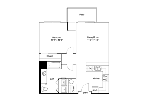 Floor plan for 1 bed, 1 bath, 709 sqft