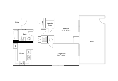 Floor plan for 1 bed, 1 bath, 750 sqft