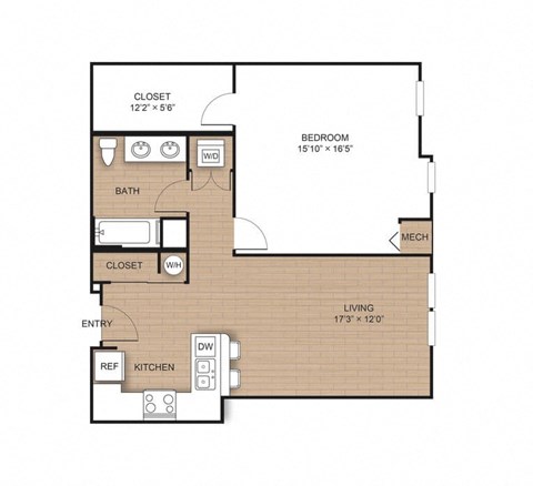 Floor plan for 1 bed, 1 bath, 936 sqft