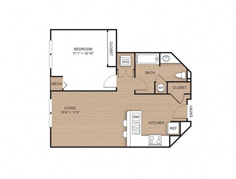 Floor plan for 1 bed, 1 bath, 719 sqft