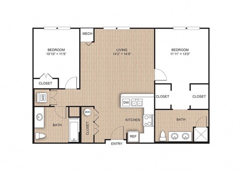 Floor plan for 2 beds, 2 baths, 1116 sqft