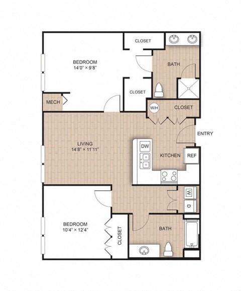 Floor plan for 2 beds, 2 baths, 1057 sqft