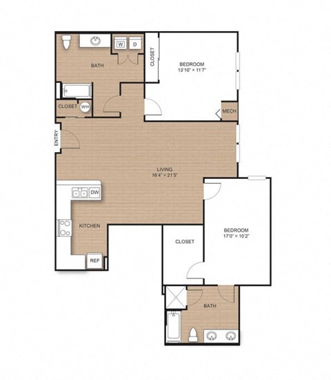 Floor plan for 2 beds, 2 baths, 1353 sqft