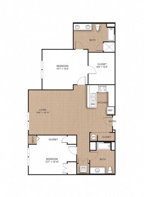 Floor plan for 2 beds, 2 baths, 1374 sqft