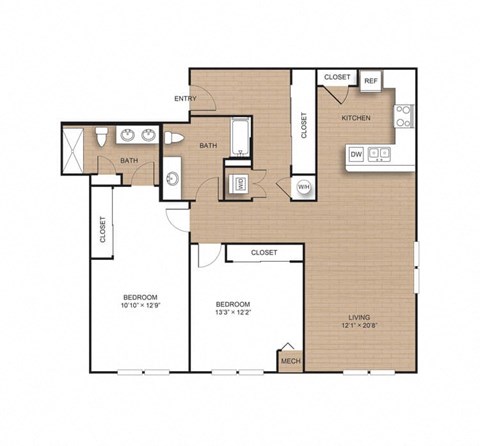 Floor plan for 2 beds, 2 baths, 1386 sqft
