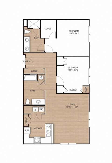 Floor plan for 2 beds, 2 baths, 1380 sqft