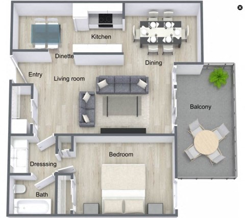 Floor plan for 1 bed, 1 bath, 728 sqft