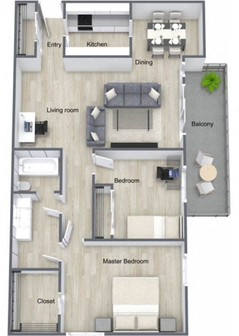 Floor plan for 2 beds, 1 bath, 948 sqft
