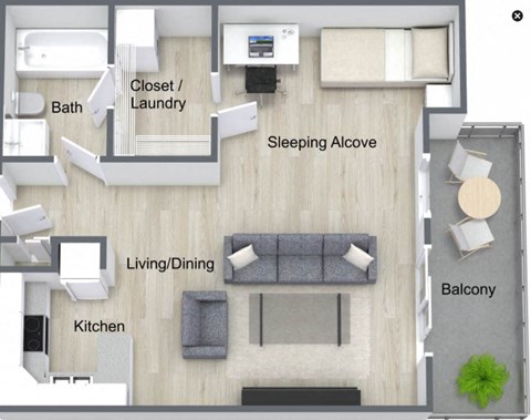 Floor plan for studio, 1 bath, 528 sqft